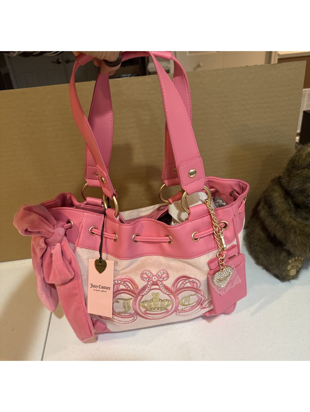 Juicy Couture Daydreamer Pink Velvet Velour Bow Crown Tote Bag NWT Rare [COPY]